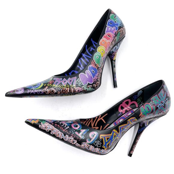 Balenciaga Graffiti Knife Pumps Black Leather Heels Pointed Sz 37.5 / 7.5 US - Picture 8 of 12